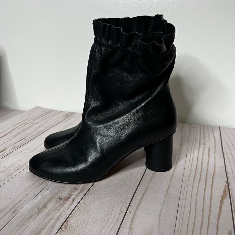 Nanette Lepore Black Leather Ankle Boots Round Block Heel Ruffle Top